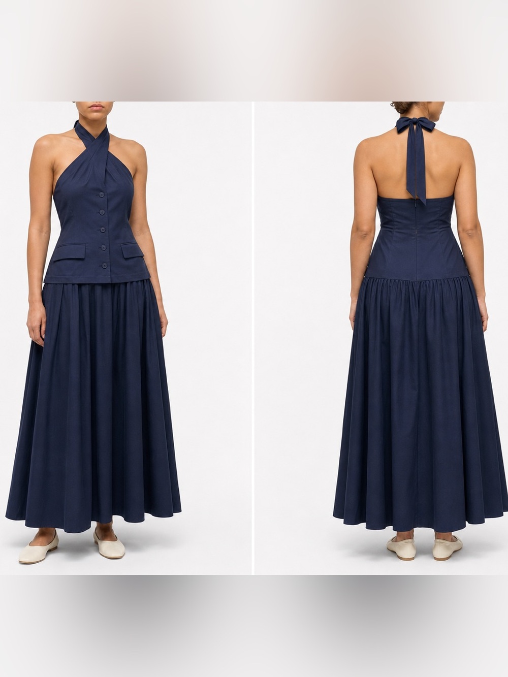 STAUD Harrington Navy Pleated Midi Dress Open Back Cotton Twill Poplin Women 10